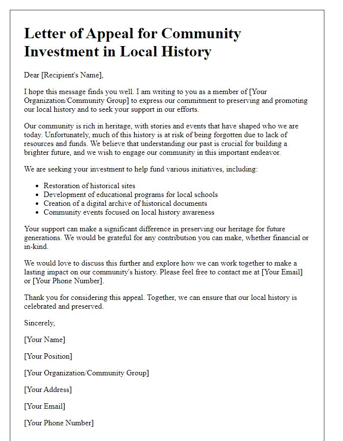 Letter template of appeal for community investment in local history