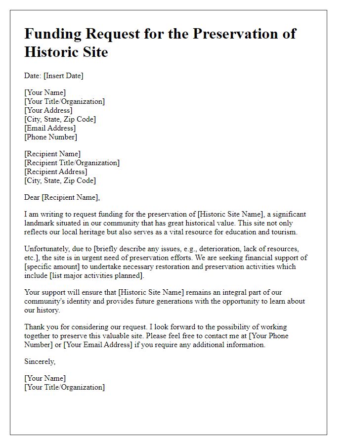 Letter template of funding request for the preservation of a local historic site