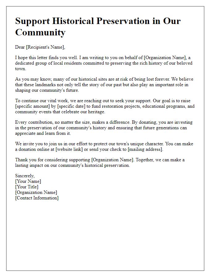 Letter template of fundraising letter for a local historical preservation initiative