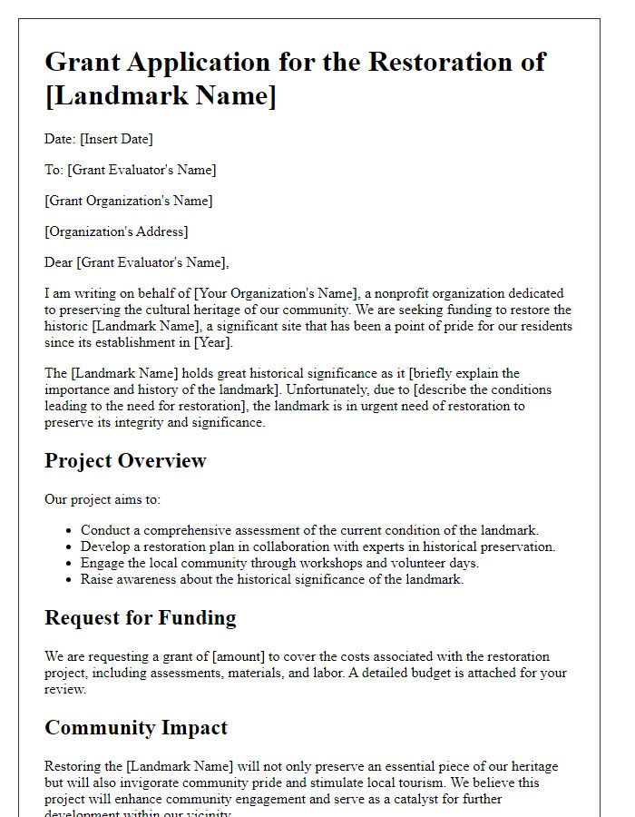 Letter template of grant application for restoring a community landmark