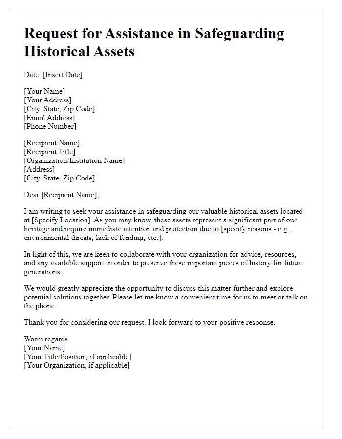 Letter template of request for assistance in safeguarding historical assets