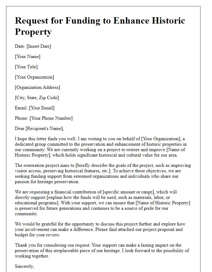 Letter template of solicitation for funding to enhance a historic property