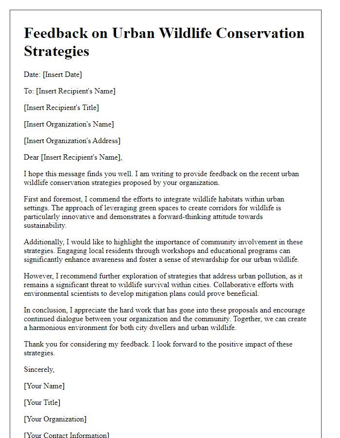 Letter template of feedback on urban wildlife conservation strategies