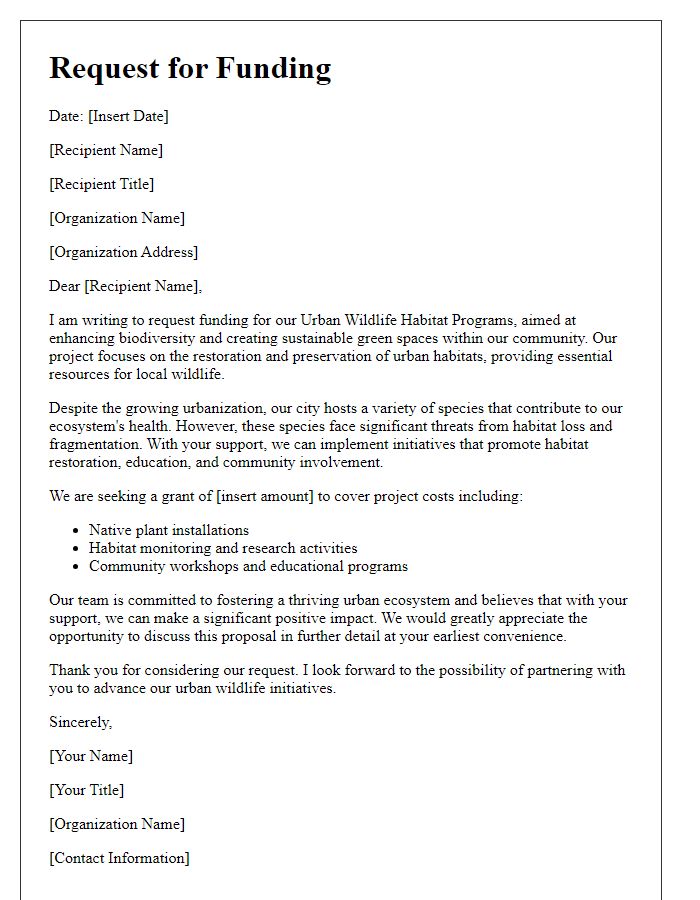 Letter template of request for funding urban wildlife habitat programs