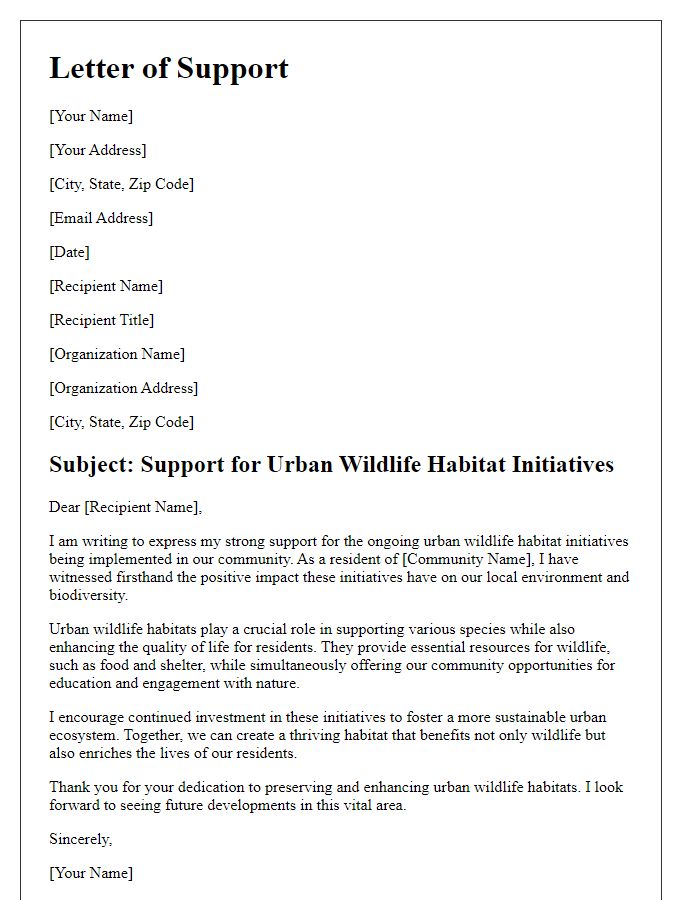 Letter template of support for urban wildlife habitat initiatives