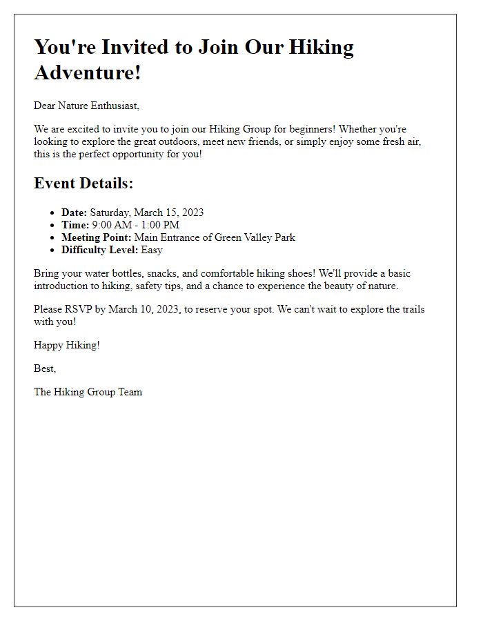 Letter template of hiking group invitation for beginners