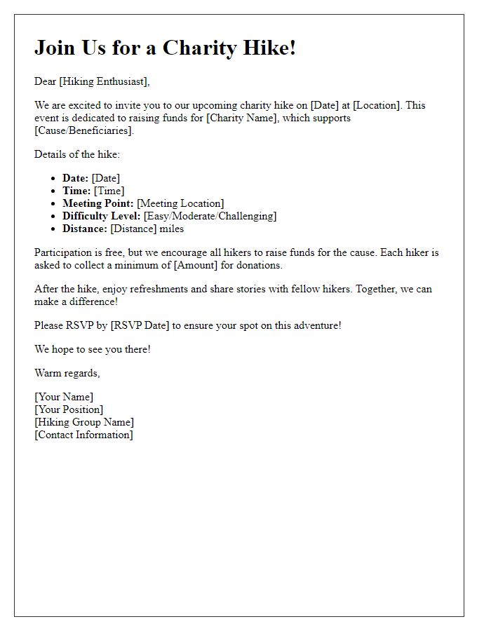 Letter template of hiking group invitation for charity hikes