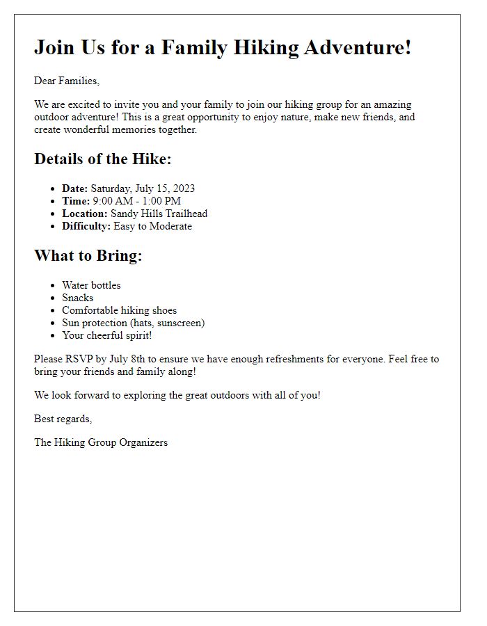 Letter template of hiking group invitation for families