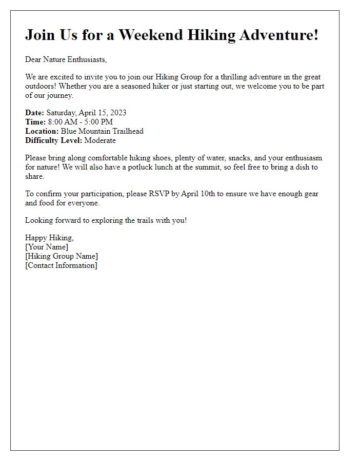 Letter template of hiking group invitation for nature enthusiasts