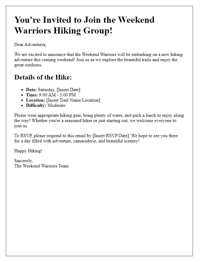 Letter template of hiking group invitation for weekend warriors