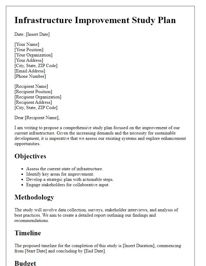 Letter template of infrastructure improvement study plan