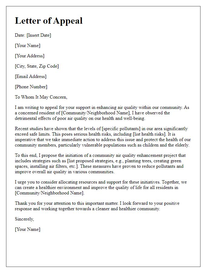 Letter template of appeal for community air quality enhancement projects