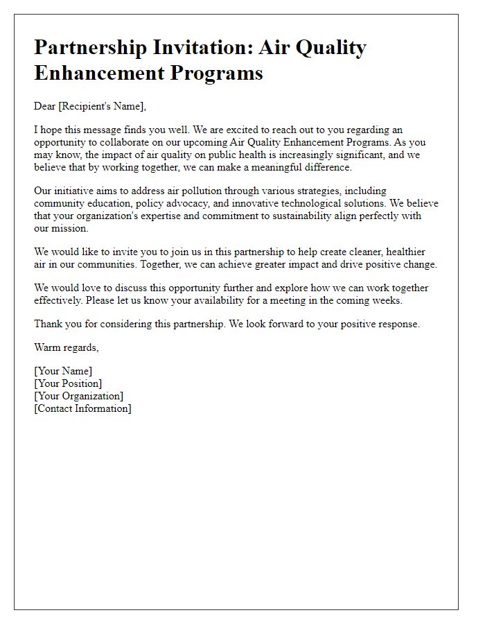 Letter template of partnership invitation for air quality enhancement programs