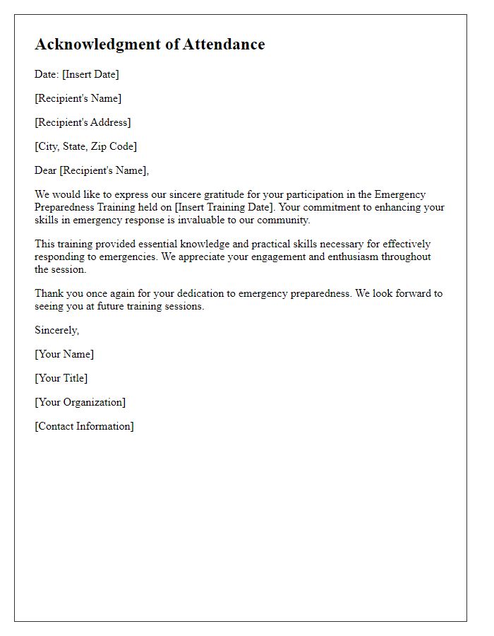 Letter template of Acknowledgment for Attending Emergency Preparedness Training