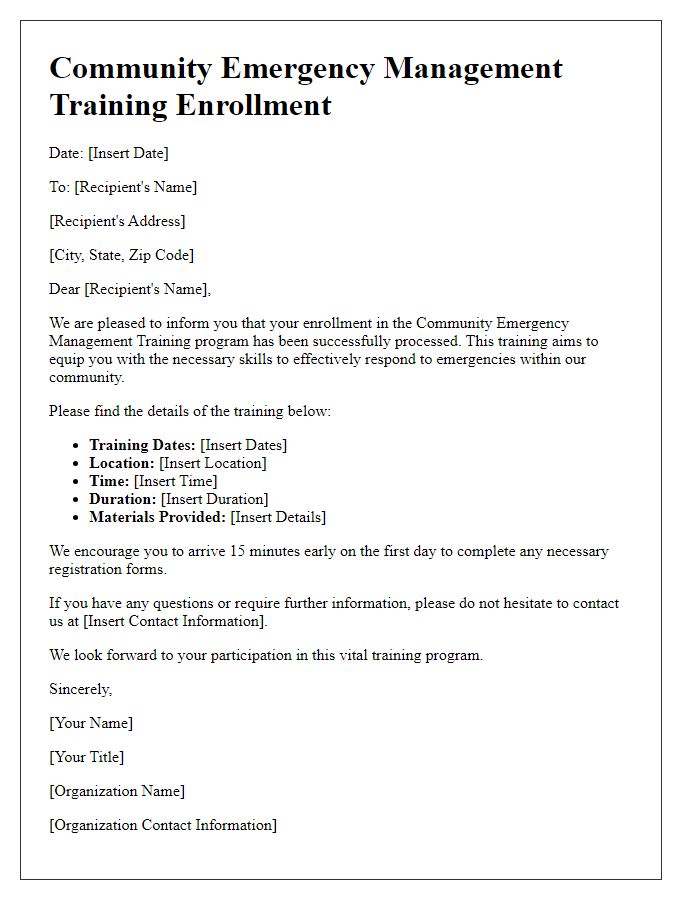 Letter template of Community Emergency Management Training Enrollment