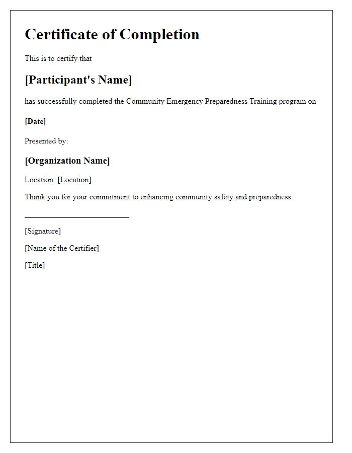 Letter template of Community Emergency Preparedness Training Completion Certificate