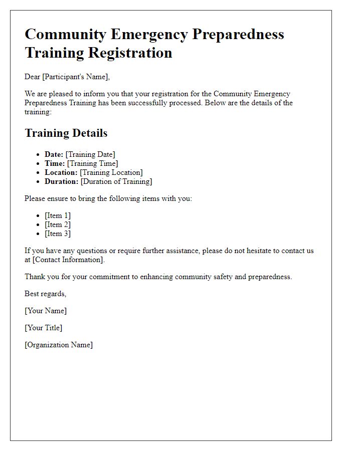 Letter template of Community Emergency Preparedness Training Registration