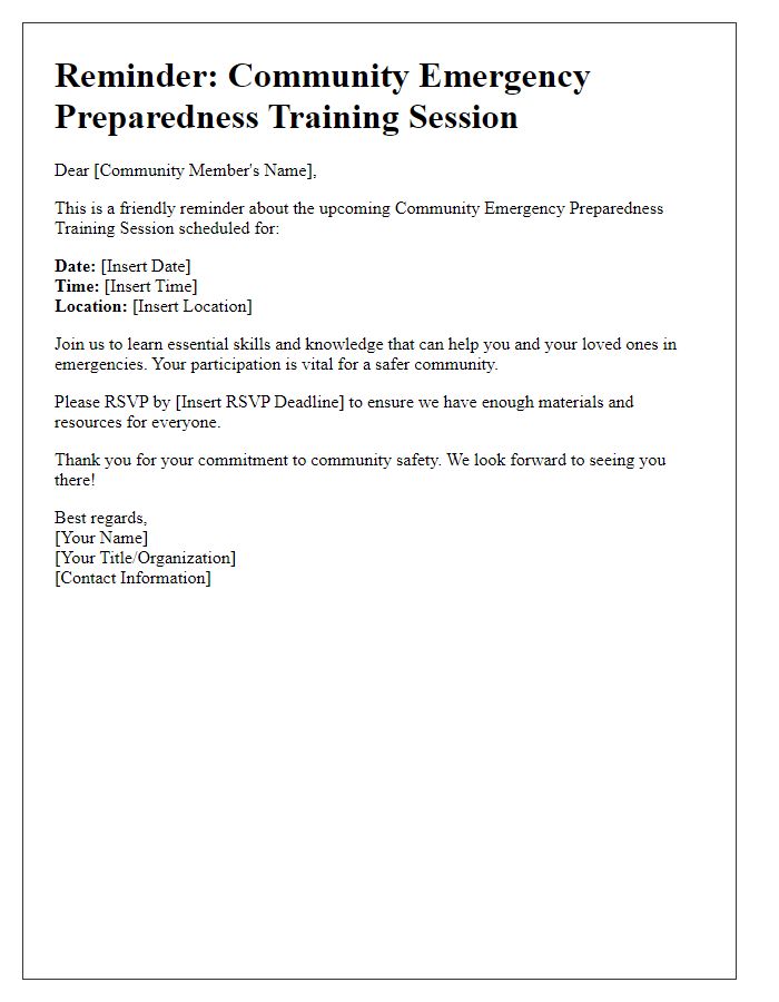 Letter template of Reminder for Community Emergency Preparedness Training Session