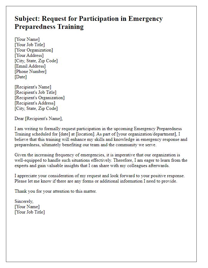 Letter template of Request for Participation in Emergency Preparedness Training