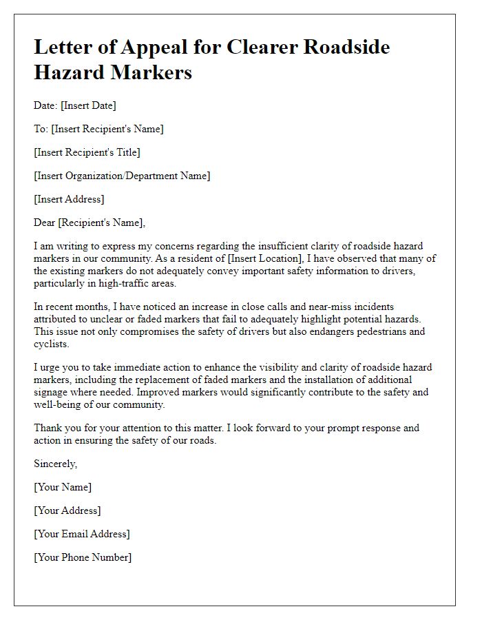 Letter template of appeal for clearer roadside hazard markers