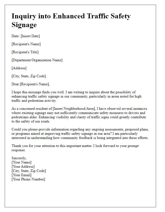 Letter template of inquiry into enhanced traffic safety signage