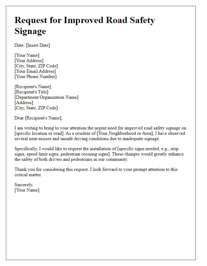 Letter template of request for improved road safety signage