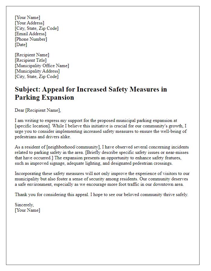 Letter template of municipal parking expansion appeal for increased safety measures