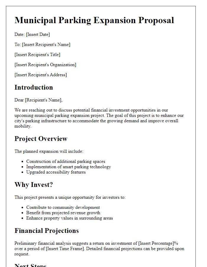 Letter template of municipal parking expansion outline for financial investment opportunities