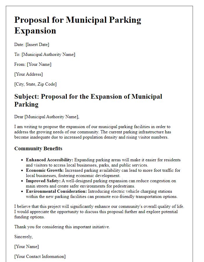 Letter template of municipal parking expansion proposal addressing community benefits