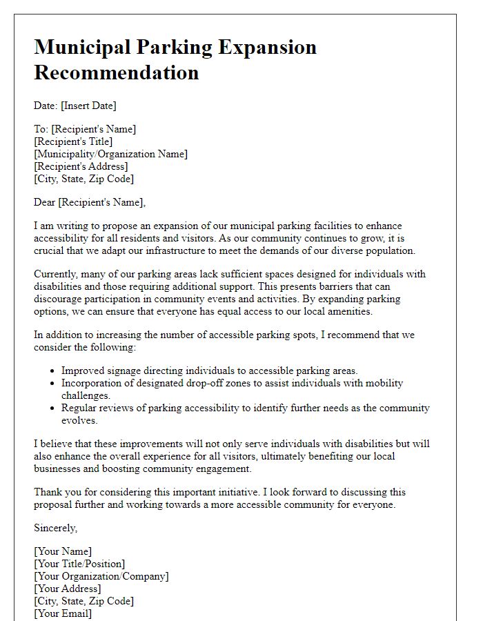 Letter template of municipal parking expansion recommendation for enhanced accessibility