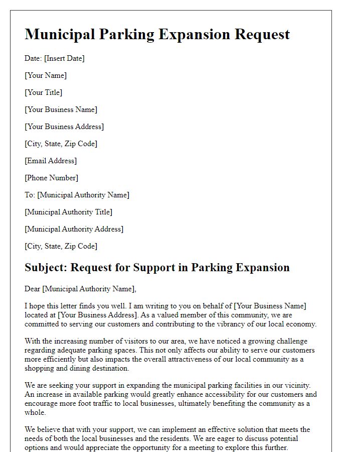 Letter template of municipal parking expansion request for local business support