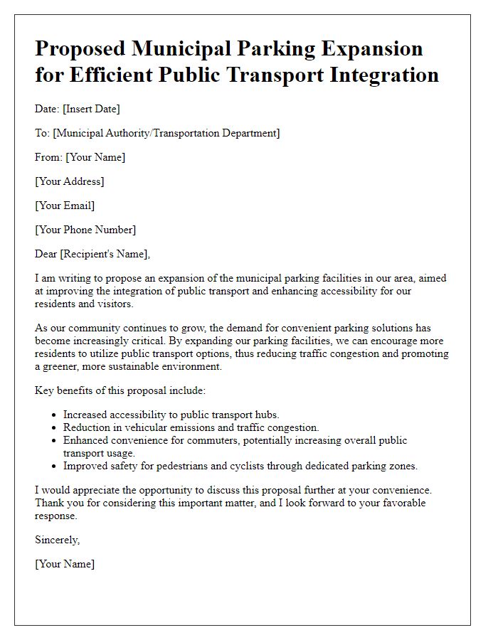 Letter template of municipal parking expansion suggestion for efficient public transport integration