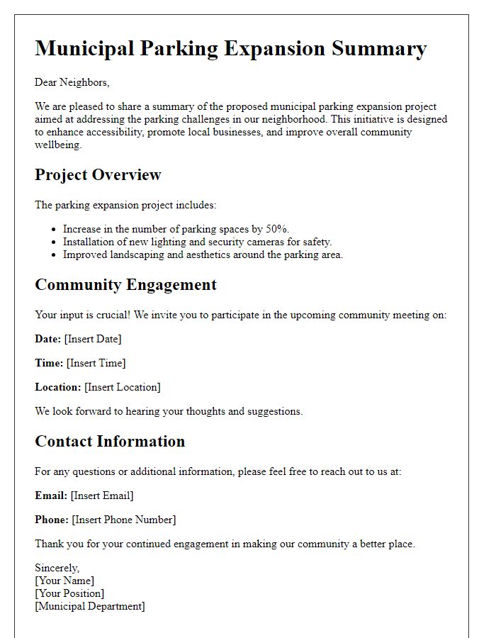 Letter template of municipal parking expansion summary for neighborhood stakeholder engagement