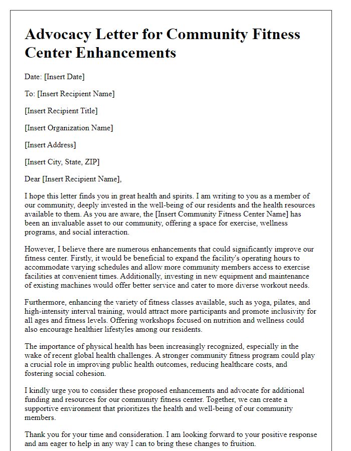 Letter template of advocacy for enhancements to community fitness center