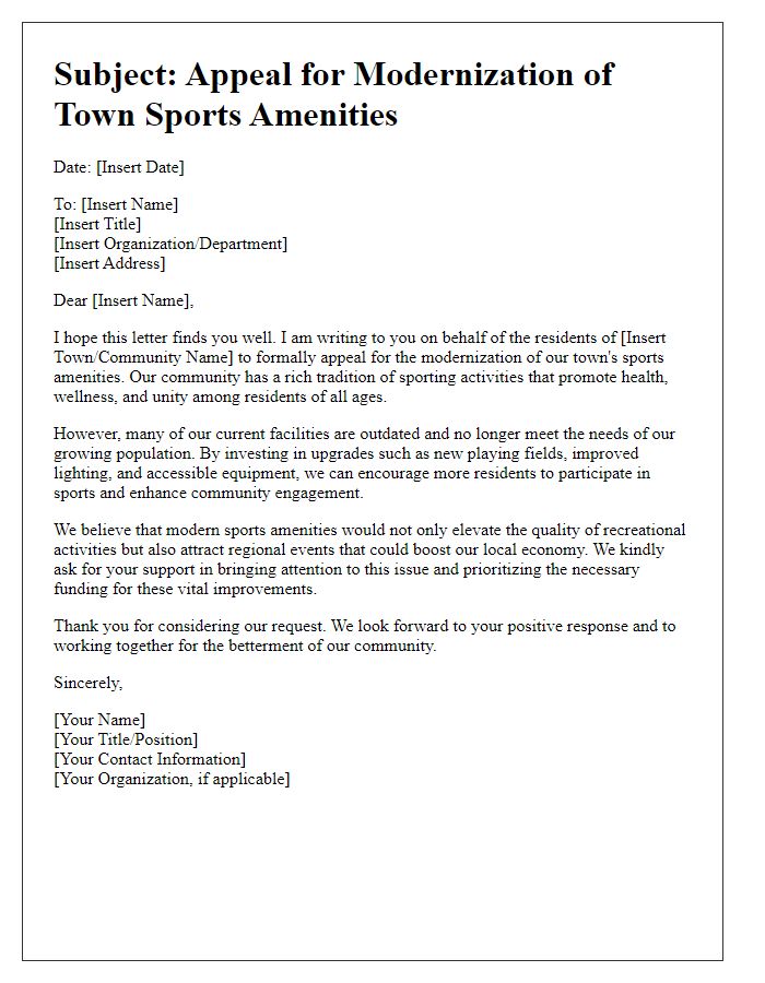 Letter template of appeal for modernization of town sports amenities