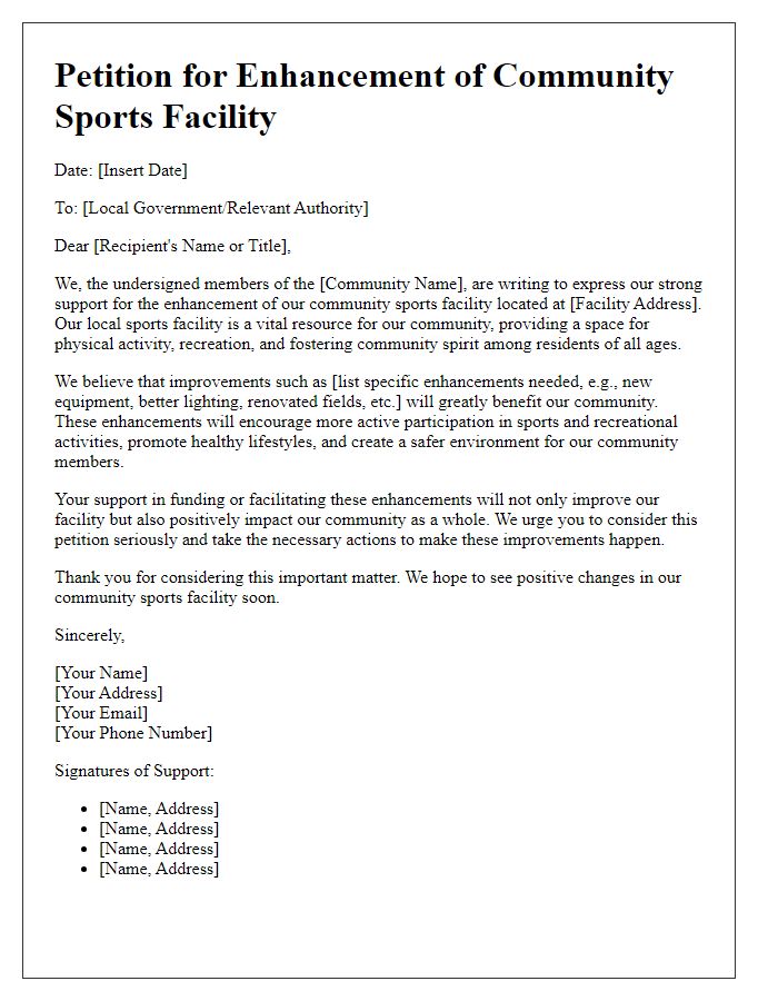 Letter template of community sports facility enhancement petition