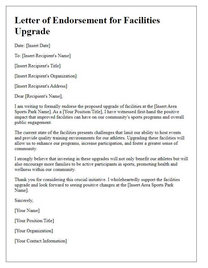 Letter template of endorsement for facilities upgrade at area sports park