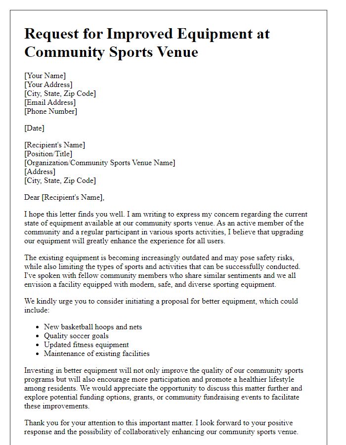 Letter template of initiative for better equipment at community sports venue