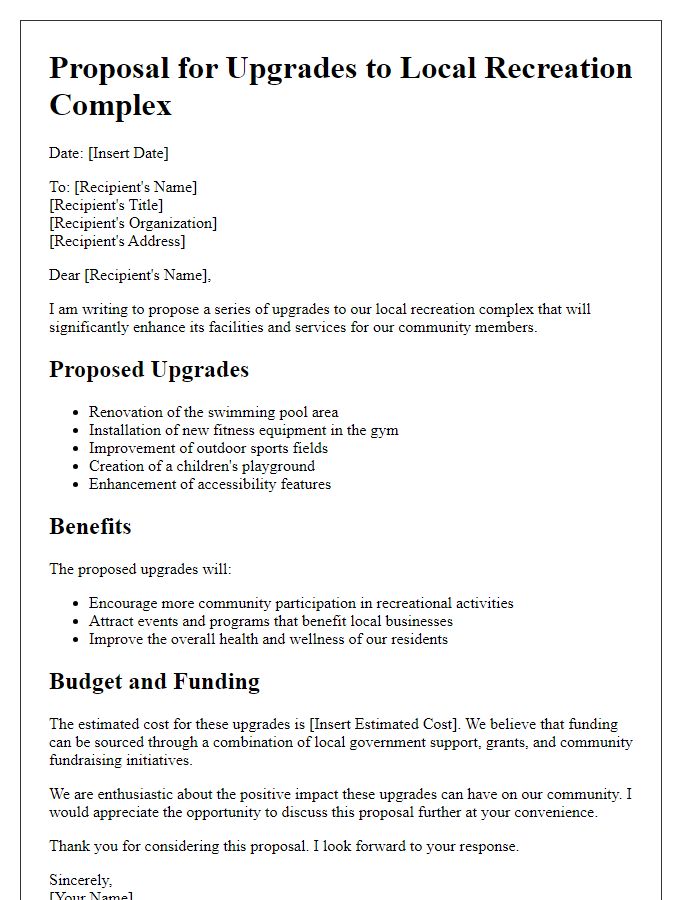 Letter template of proposal for upgrades to local recreation complex