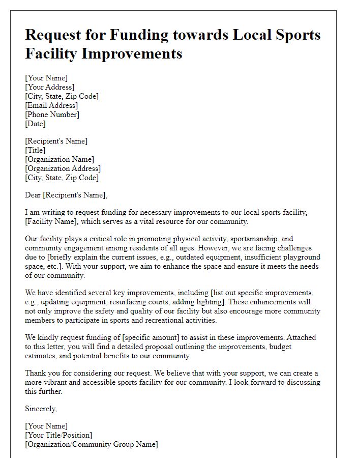 Letter template of request for funding towards local sports facility improvements