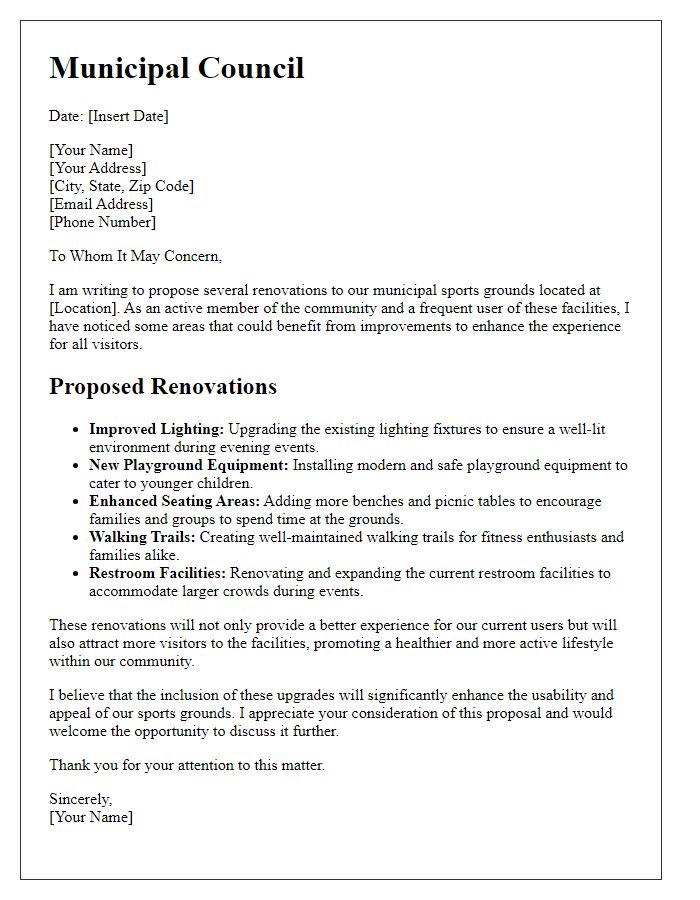 Letter template of suggestion for renovations to municipal sports grounds