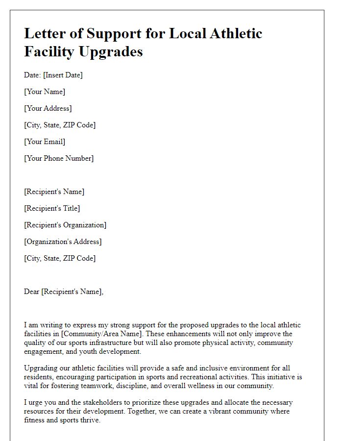 Letter template of support for development of local athletic facility upgrades