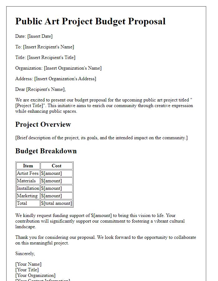 Letter template of public art project budget proposal