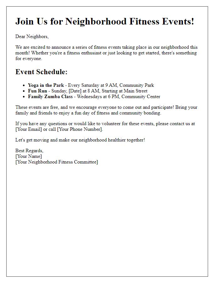 Letter template of Neighborhood Fitness Events Promotion