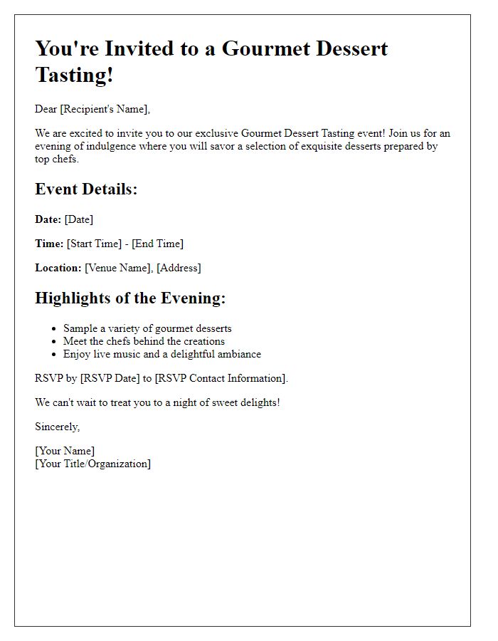 Letter template of a gourmet dessert tasting event invitation