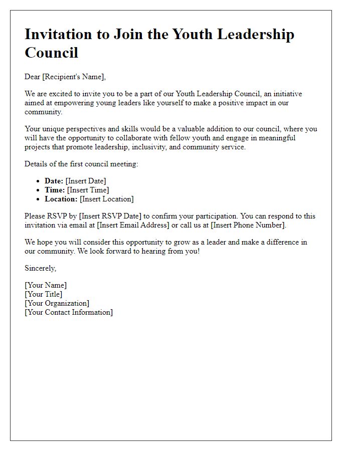 Letter template of Invitation to Participate in Youth Leadership Council