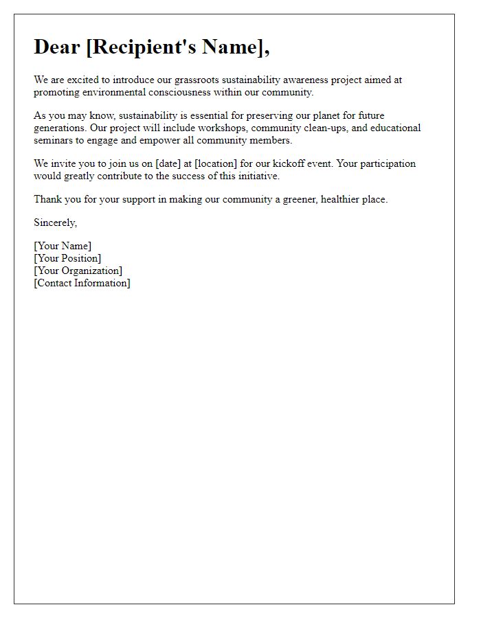 Letter template of grassroots sustainability awareness project