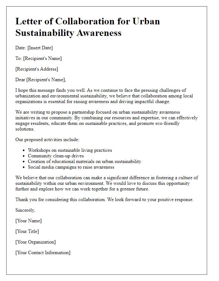 Letter template of urban sustainability awareness collaboration