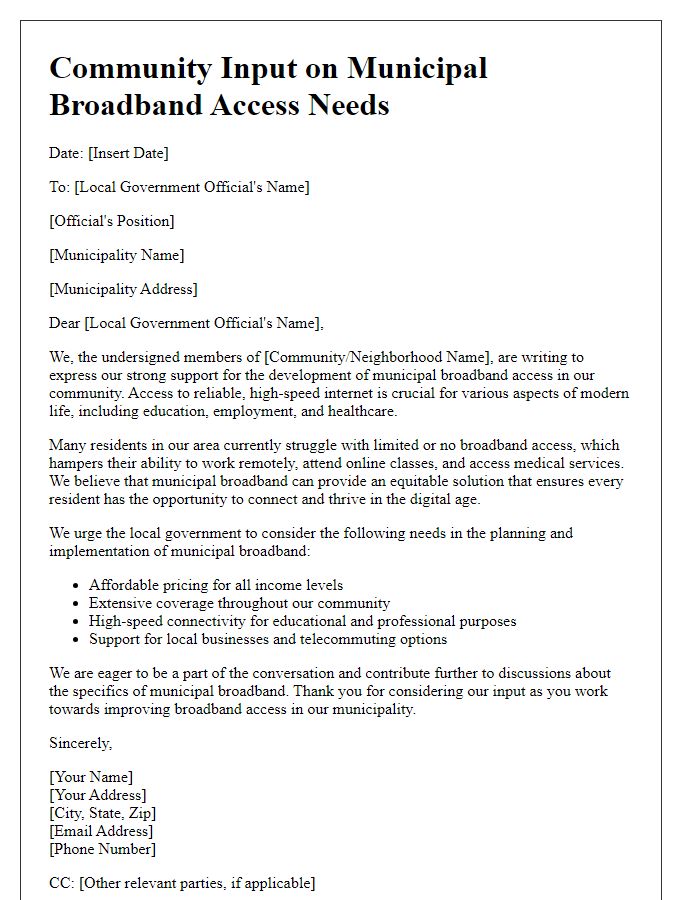 Letter template of community input on municipal broadband access needs