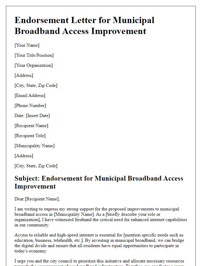 Letter template of endorsement for municipal broadband access improvement